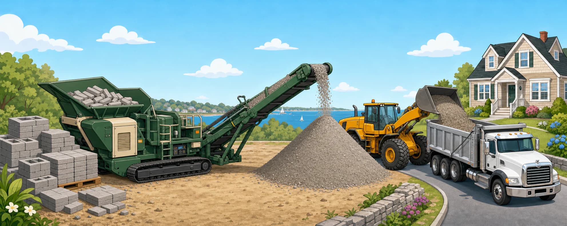 Clean concrete pavers are processed into fine WilPack recycled base, loaded by a yellow wheel loader into a white dump truck, and delivered to a Rhode Island home.
